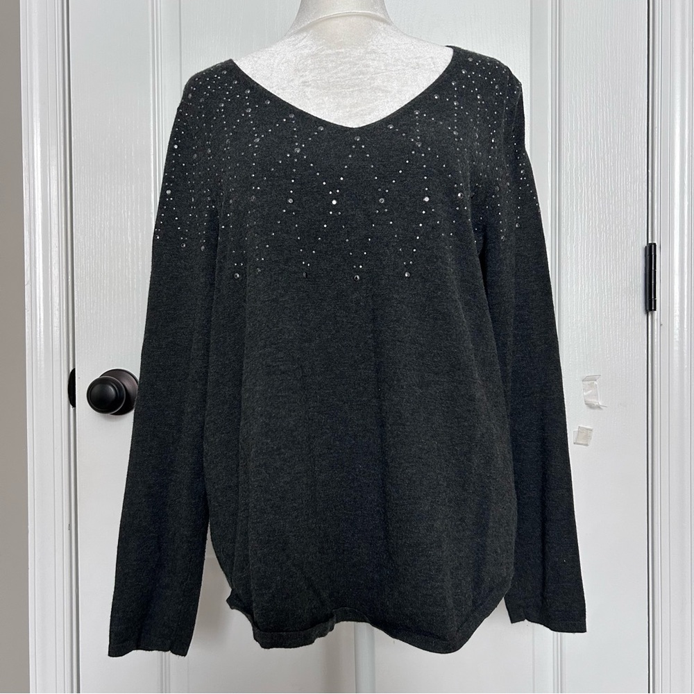 Chico’s Charcoal Gray Rhinestone Sparkle V-Neck Long Sleeve Knit Top Size Large
